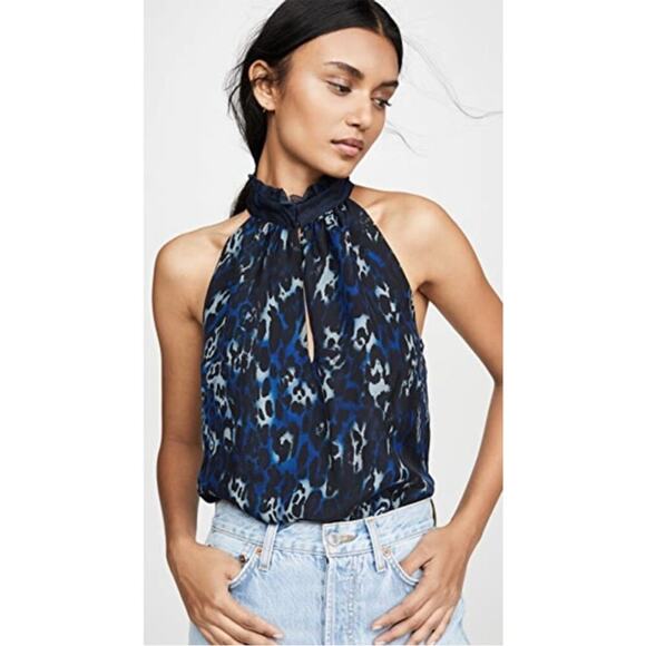 Ramy Brook Blue Allymay Sleeveless Mock Ruffle Leopard Top Blouse Silk Small - Picture 1 of 10